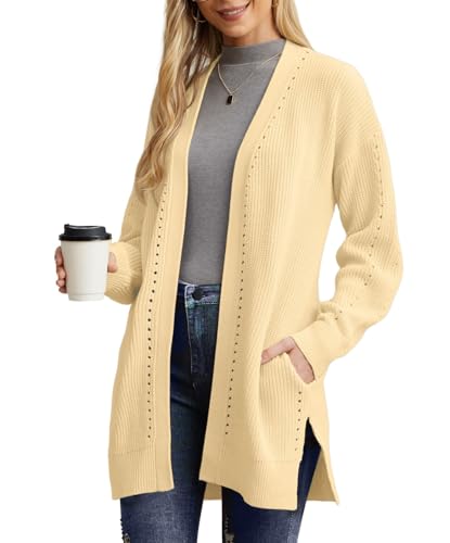PrinStory Strickjacken Für Damen Lange Übergröße Cardigan Offene Vorderseite Weihnachts Strickjacke Mit Tasche Strickwaren Winterpullover (Beige, S) von PrinStory