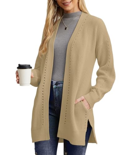 PrinStory Strickjacken Für Damen Lange Übergröße Cardigan Offene Vorderseite Weihnachts Strickjacke Mit Tasche Strickwaren Winterpullover (Khaki, L) von PrinStory