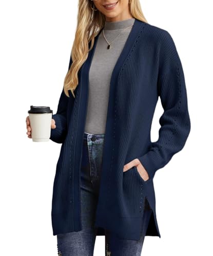 PrinStory Strickjacken Für Damen Lange Übergröße Cardigan Offene Vorderseite Weihnachts Strickjacke Mit Tasche Strickwaren Winterpullover (Marineblau, M) von PrinStory