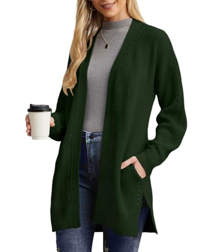 PrinStory Strickjacken Für Damen Lange Übergröße Cardigan Offene Vorderseite Weihnachts Strickjacke Mit Tasche Strickwaren Winterpullover (Tiefgrün, S) von PrinStory