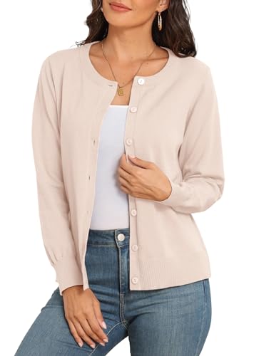 PrinStory Strickjacken Für Damen Leichte Cardigan Mit Rundhalsausschnitt Pullover Button Down Klassische Strickwaren Outfit (Aprikose, M, Mittel) von PrinStory