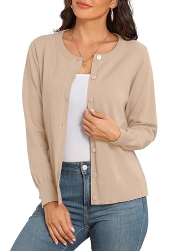 PrinStory Strickjacken Für Damen Leichte Cardigan Mit Rundhalsausschnitt Pullover Button Down Klassische Strickwaren Outfit (Khaki, XL, X-Large) von PrinStory