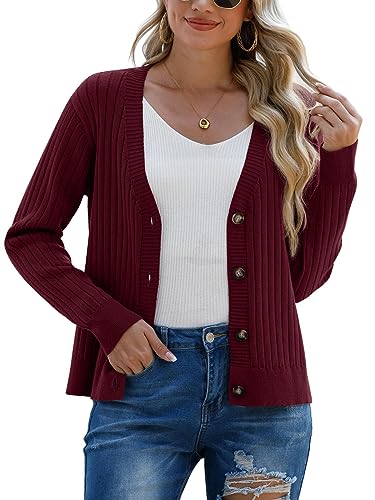 PrinStory Strickjacken Für Damen Pullover Mit Knöpfen Strickpullover Mit Offener Vorderseite Langärmelige Oberteile (Weinrot, M) von PrinStory