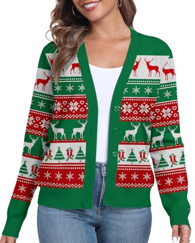 PrinStory Strickjacken Für Damen Weihnachten Pullover Festlich Strickpullover Langarm Cardigans Mit Knöpfen (Weihnachten Grün, XXL) von PrinStory