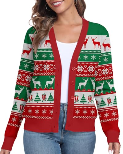 PrinStory Strickjacken Für Damen Weihnachten Pullover Festlich Strickpullover Langarm Cardigans Mit Knöpfen (Weihnachten Rot, L) von PrinStory