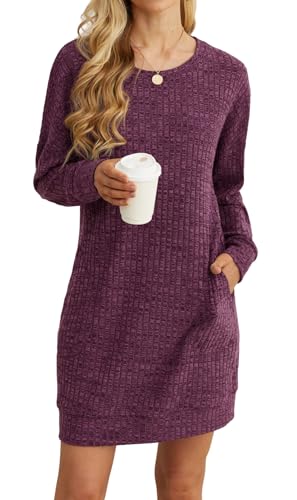 PrinStory Strickkleid Damen Winter Sweatshirtkleid Freizeitkleider Lässig Rundhalsausschnitt Weich Urlaub Hautfreundlich Pulloverkleid Mit Seitentaschen (Rosenrot, XXL) von PrinStory