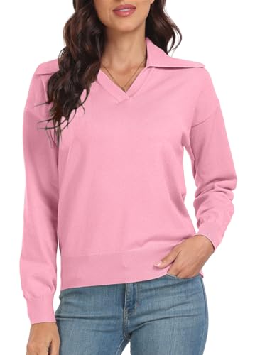 PrinStory Strickpullover Damen Langen Ärmeln Pullover Reverskragen V-Ausschnitt Sweatshirts Weiche Lässige Strickwaren (Rosa, L) von PrinStory
