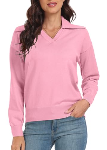 PrinStory Strickpullover Damen Langen Ärmeln Pullover Reverskragen V-Ausschnitt Sweatshirts Weiche Lässige Strickwaren (Rosa, M) von PrinStory