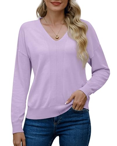 PrinStory Strickpullover Damen Langen Ärmeln Pullover V-Ausschnitt Sweatshirts Weiche Lässige Strickwaren (Hellviolett, XXL) von PrinStory