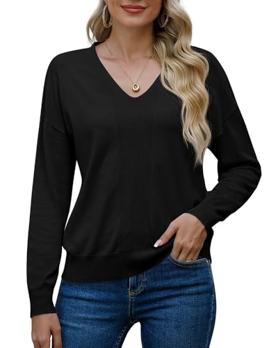 PrinStory Strickpullover Damen Langen Ärmeln Pullover V-Ausschnitt Sweatshirts Weiche Lässige Strickwaren Geburtstagsgeschenk Für Frauen (Schwarz, L) von PrinStory