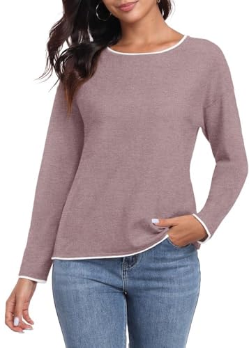 PrinStory Strickpullover Damen Rundhal Pullover Mit Kontrastierenden Farben Langen Ärmeln Sweatshirts Weiche Sweater Lässige Winterpullover (Braun, XL) von PrinStory