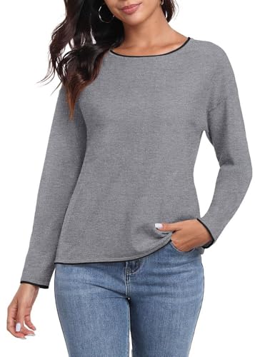 PrinStory Strickpullover Damen Rundhal Pullover Mit Kontrastierenden Farben Langen Ärmeln Sweatshirts Weiche Sweater Lässige Winterpullover (Grau, L) von PrinStory