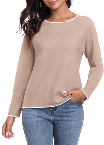 PrinStory Strickpullover Damen Rundhal Pullover Mit Kontrastierenden Farben Langen Ärmeln Sweatshirts Weiche Sweater Lässige Winterpullover (Helles Kamel, XL) von PrinStory