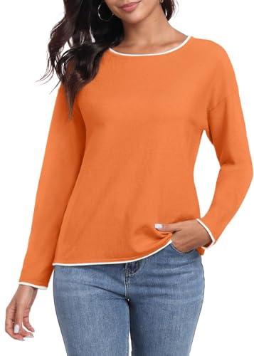 PrinStory Strickpullover Damen Rundhal Pullover Mit Kontrastierenden Farben Langen Ärmeln Sweatshirts Weiche Sweater Lässige Winterpullover (Orangerot, XXL) von PrinStory