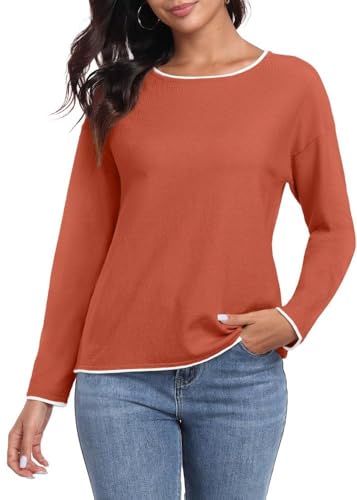 PrinStory Strickpullover Damen Rundhal Pullover Mit Kontrastierenden Farben Langen Ärmeln Sweatshirts Weiche Sweater Lässige Winterpullover (Rostrot, S) von PrinStory