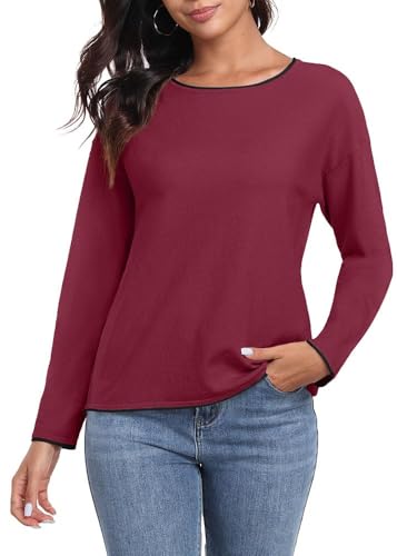PrinStory Strickpullover Damen Rundhal Pullover Mit Kontrastierenden Farben Langen Ärmeln Sweatshirts Weiche Sweater Lässige Winterpullover (Weinrot, M) von PrinStory