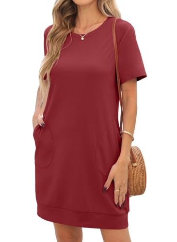 PrinStory T Shirt Kleid Damen Freizeitkleider Sommerkleider Lässig Rundhalsausschnitt Weich Urlaub Atmungsaktiv T Shirt Kleid Mit Taschen (Weinrot,XL) von PrinStory