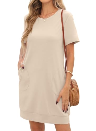 PrinStory T Shirt Kleid Damen Sommerkleider Kurzarm Kleid Lässig Rundhalsausschnitt Kleid Atmungsaktiv Komfortabel Leicht Freizeitkleid Mit Taschen (Aprikose,S) von PrinStory