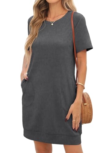 PrinStory T Shirt Kleid Damen T Shirt Kleid Beiläufige Hautfreundlich T Shirt Oberteile Basic Stilvoll Einkaufen Sommerkleider Mit Taschen (Dunkelgrau,L) von PrinStory