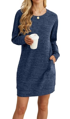 PrinStory Winterkleid Damen Freizeitkleider Rundhals Weich Pullover Kleid Lässig Basic Sweatkleid Mit Taschen Longpullover Fur Leggings (Blau, XXL) von PrinStory