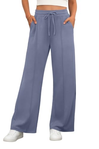 PrinStory Yogahose Damen Mit Taschen Stretch Hose Elastische Taille Freizeithose Weite Bein Stoffhose Jogginghose Sporthose (Hazeblau, S) von PrinStory