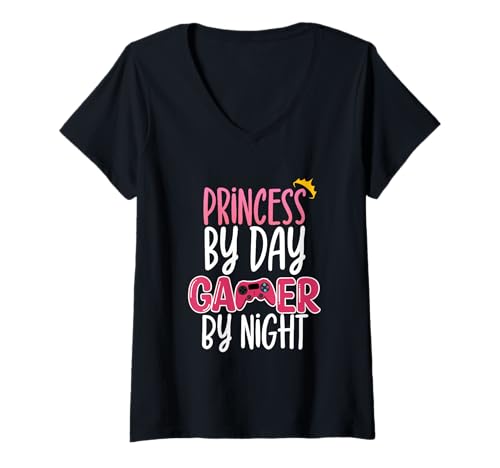 Damen Prinzessin bei Tag Gamer Bei Nacht Gaming-Gamer Videospieler T-Shirt mit V-Ausschnitt von Princess By Day Gamer By Night