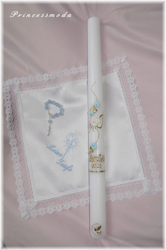 (ch-10-B) Kerze Taufkerze "Gott liebt Mich" Blaue Blüten TAUFE von Princess Moda