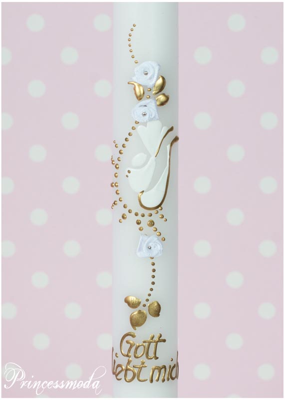 (ch-10-W) Taufkerze mit Schriftzug: GOTT LIEBT MICH von Princess Moda
