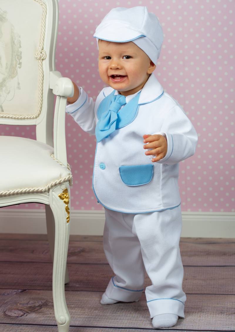 MALTE - Taufanzug aus Cord in weiss und hellblau von Princess Moda