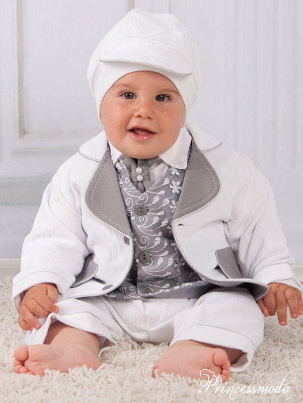 PEPE - Taufanzug aus Cord in Weiß-Grau-Silber! Exquisit von Princess Moda