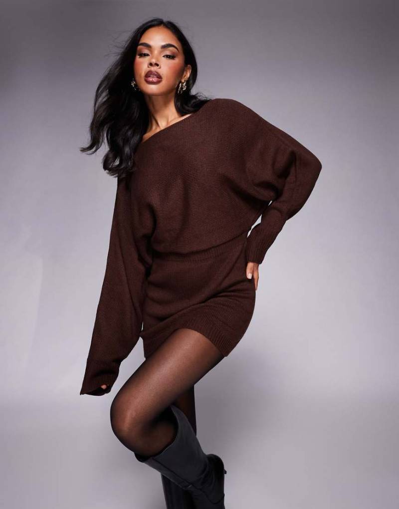 Princess Polly - Bellamie - Pulloverkleid in Schokobraun mit Ballonärmeln und umgeschlagener Taille-Brown von Princess Polly