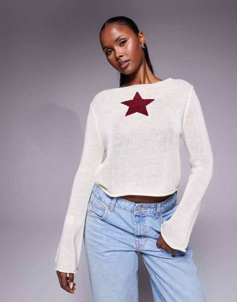 Princess Polly - Big Star - Strickpullover in Creme mit ausgestellten Ärmeln und Sternendetail-Weiß von Princess Polly