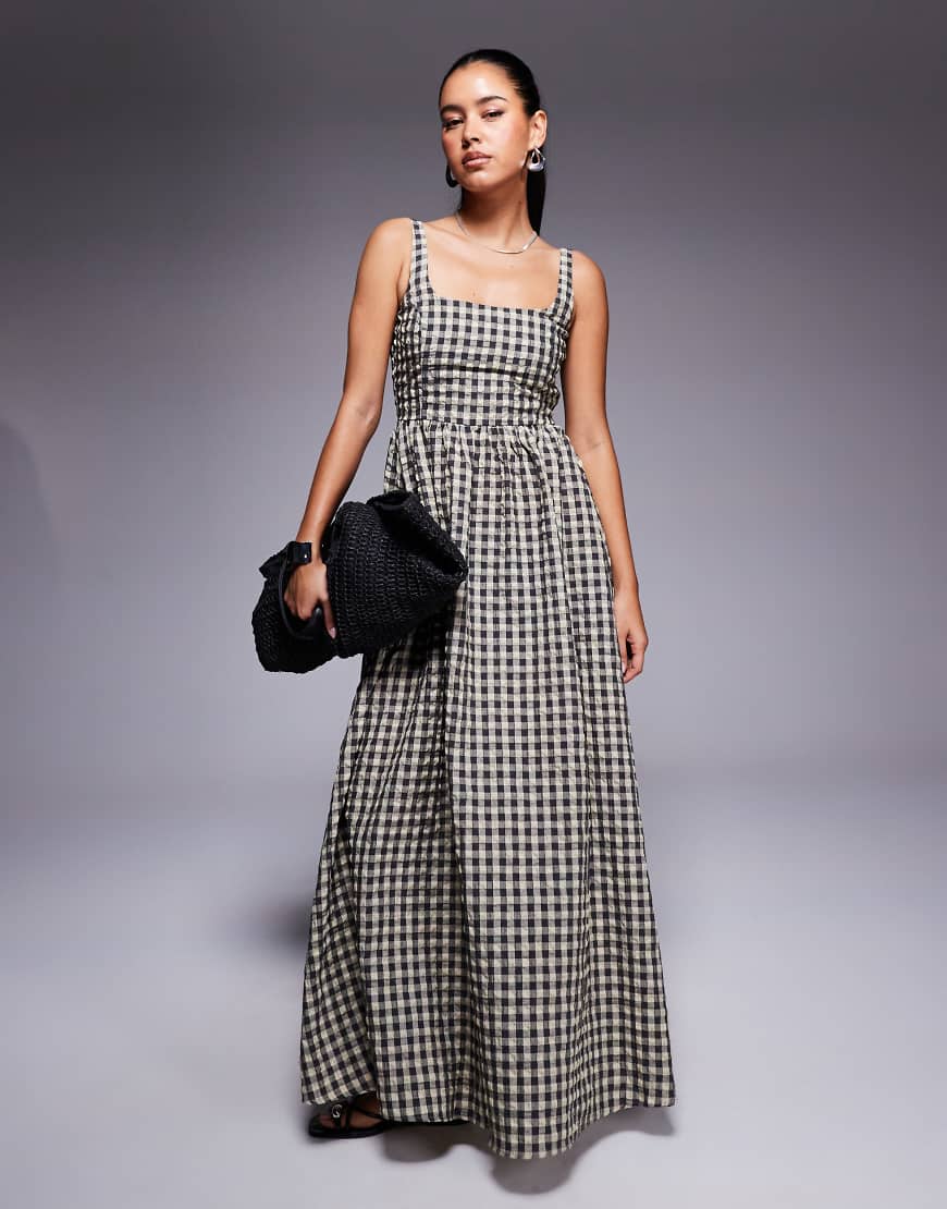 Princess Polly - Cartmel - Maxikleid aus Baumwoll-Seersucker mit Vichy-Karos in Schwarz und Creme und eckigem Ausschnitt-Bunt von Princess Polly