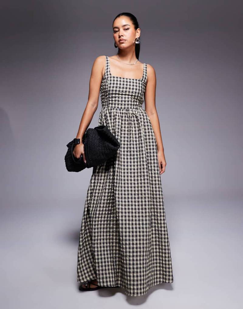 Princess Polly - Cartmel - Maxikleid aus Baumwoll-Seersucker mit Vichy-Karos in Schwarz und Creme und eckigem Ausschnitt-Bunt von Princess Polly