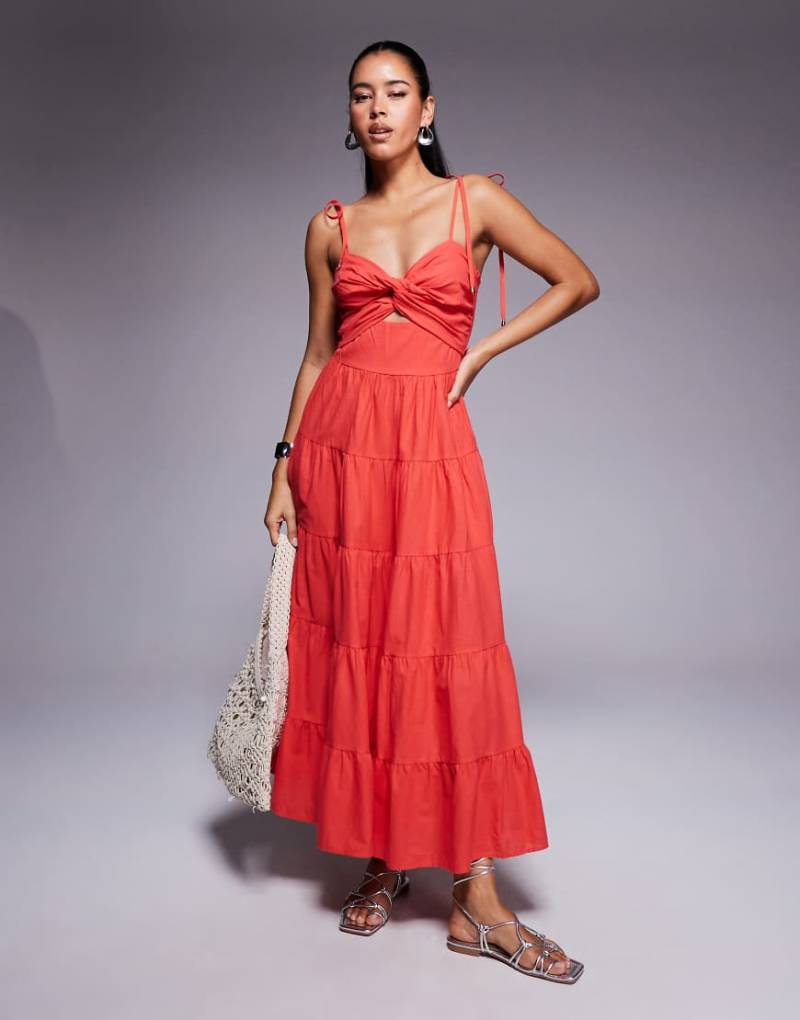 Princess Polly - Chavez - Camisole-Maxikleid aus Baumwolle in Rot mit verdrehtem Detail vorne, Stufung und Bindeärmeln von Princess Polly