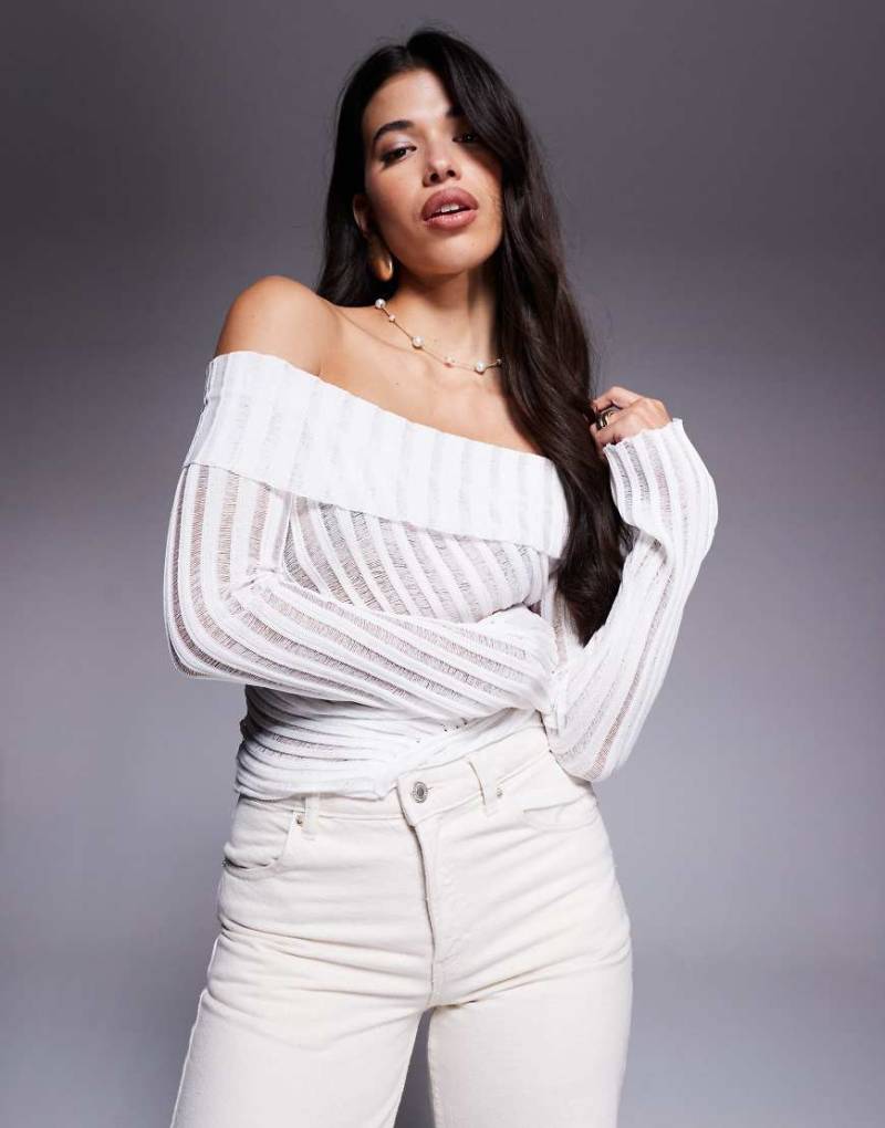 Princess Polly - Cloud - Strickpullover in transparentem Weiß mit Bardot-Ausschnitt mit Umschlag und Gitterstruktur von Princess Polly