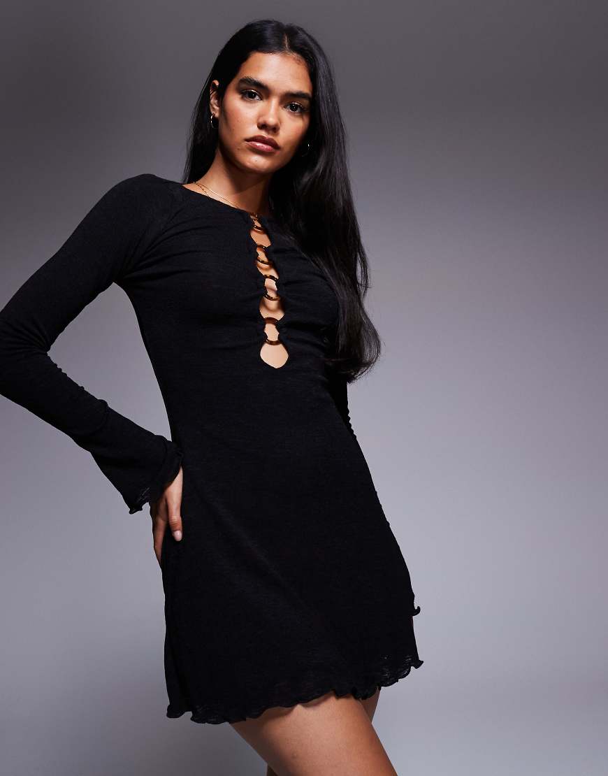 Princess Polly - Dejonge - Minikleid in Schwarz mit Kräuselsaum und kreisförmigen Zierausschnitten vorne mit Ringverzierungen von Princess Polly