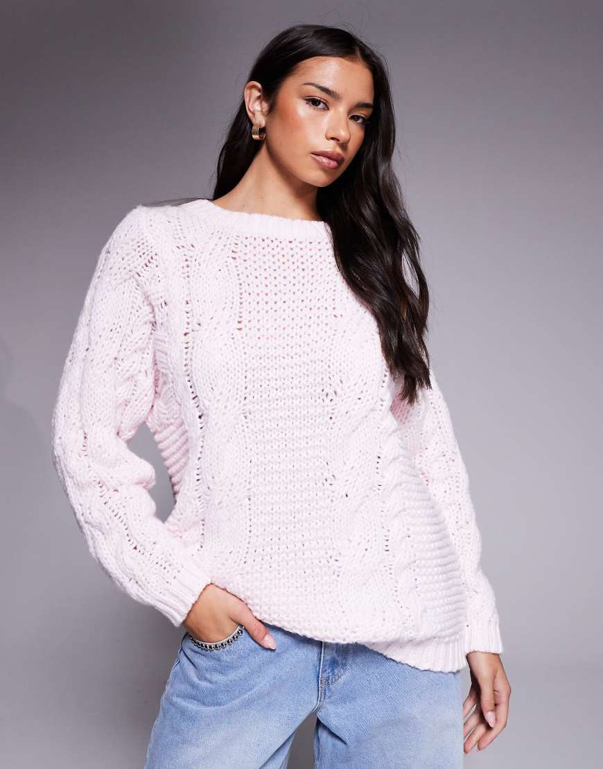 Princess Polly - Ellison - Oversize-Strickpullover in Babyrosa mit Zopfmuster von Princess Polly