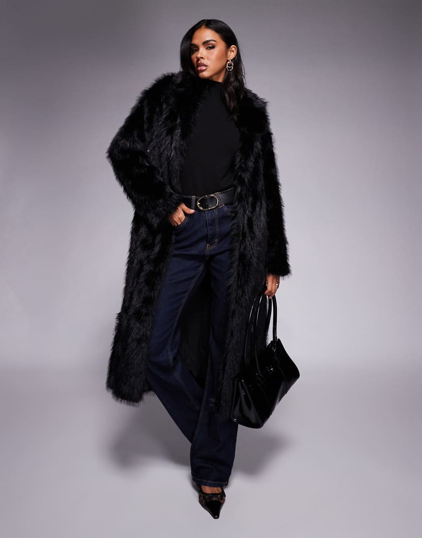 Princess Polly - End of Beginning - Longline-Mantel aus Kunstpelz in Schwarz mit Kragen von Princess Polly