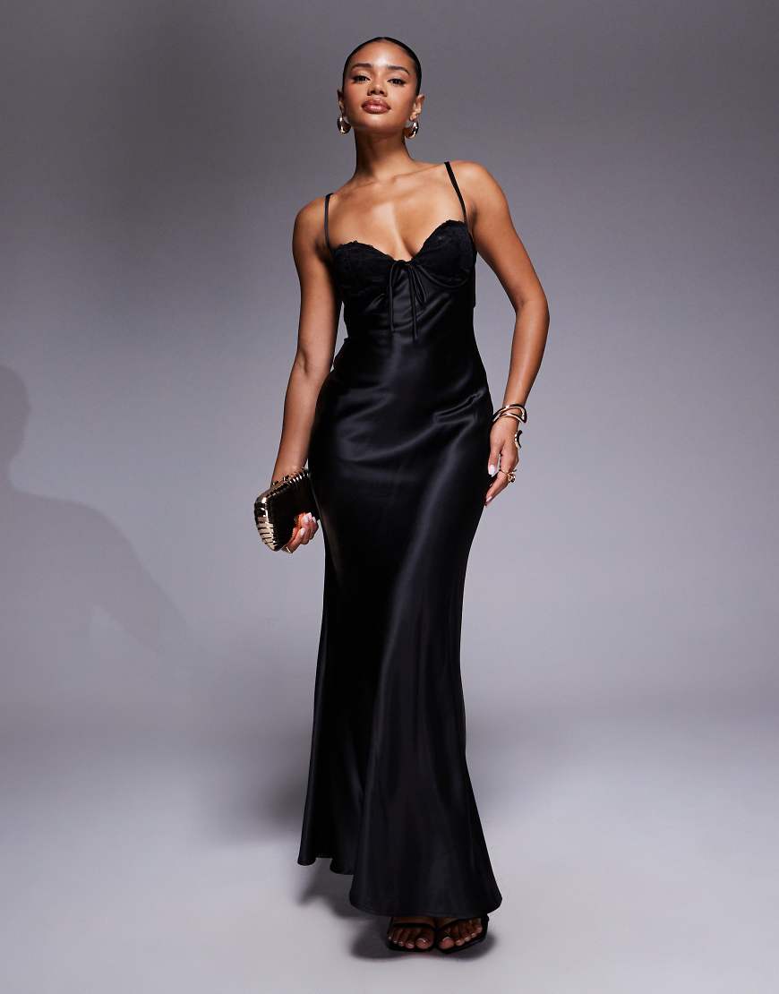 Princess Polly - Fadyen - Satin-Maxikleid in Schwarz mit Spitzen-Körbchen und Träger am Rückenausschnitt von Princess Polly