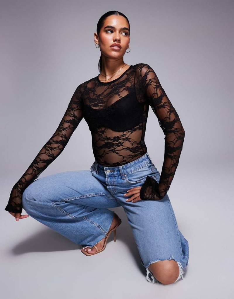 Princess Polly - Feelix - Langärmliger Body aus durchscheinender Spitze in Schwarz von Princess Polly