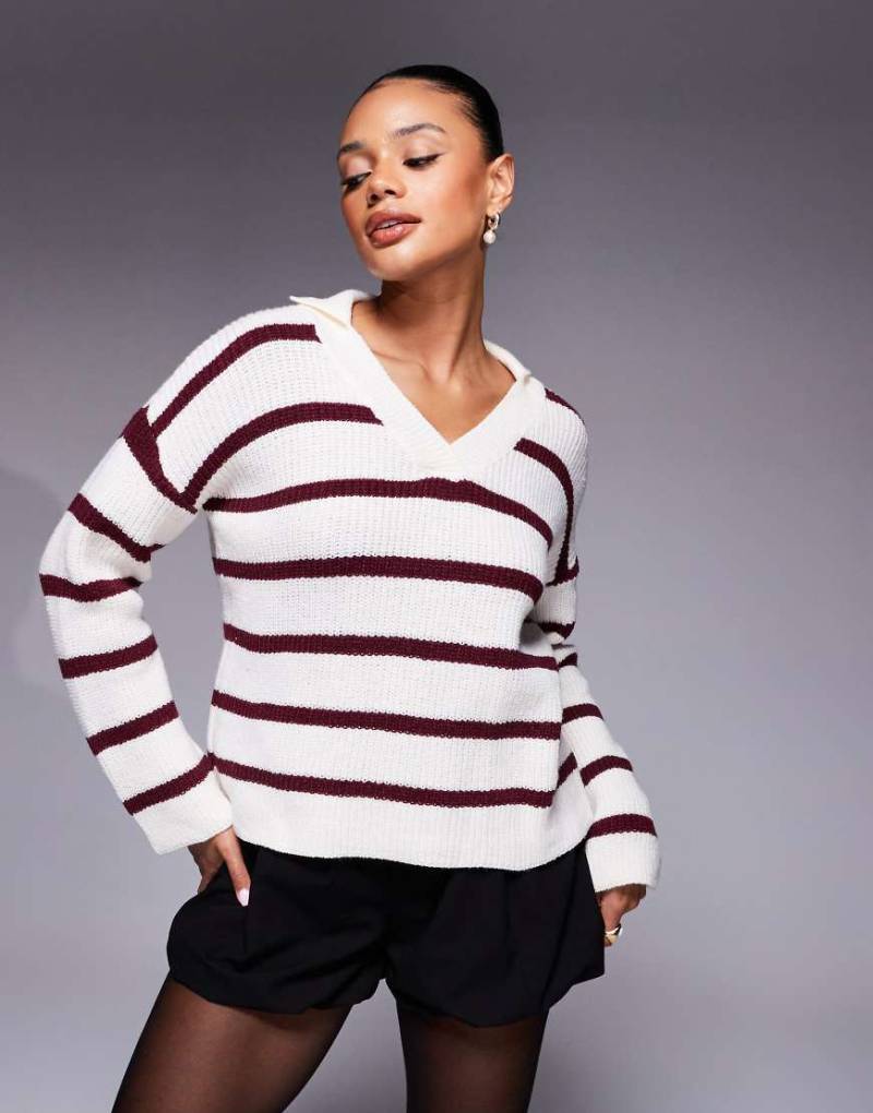 Princess Polly - Forte - Pullover mit Kragen, V-Ausschnitt und Streifen in Rot und Creme-Weiß von Princess Polly