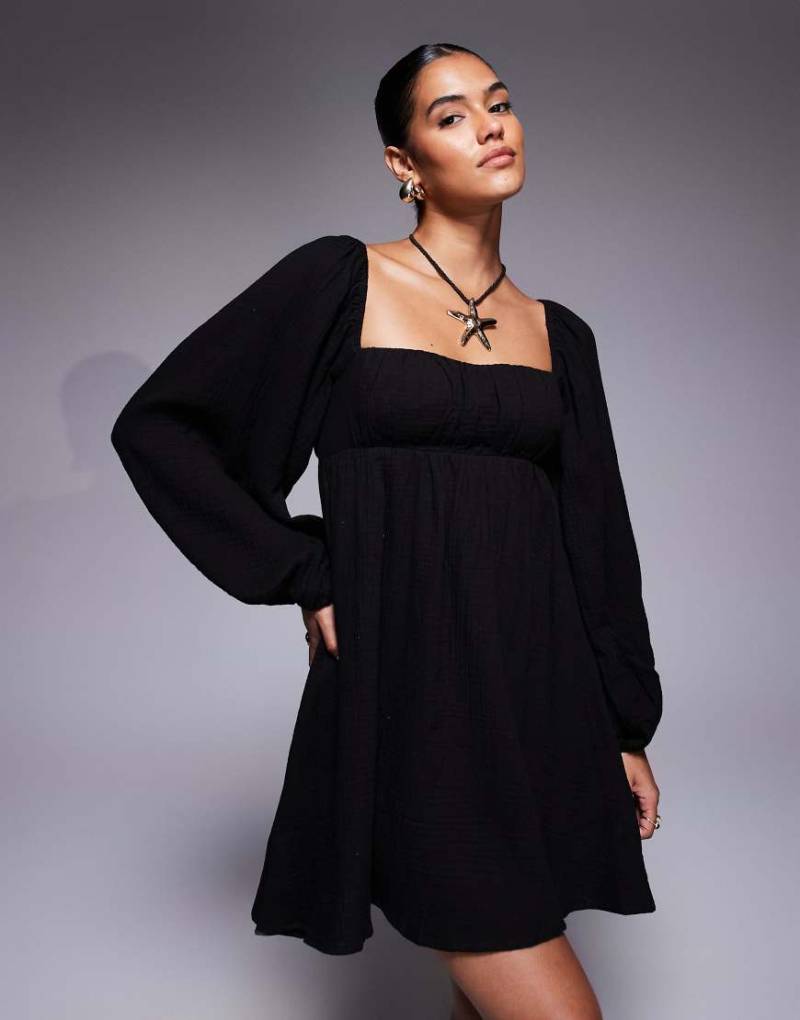 Princess Polly - Let's Dance - Langärmliges Mini-Hängerkleid in schwarzer Baumwoll-Leinenoptik mit Puffärmeln und Rückenausschnitt mit Bindedetails von Princess Polly