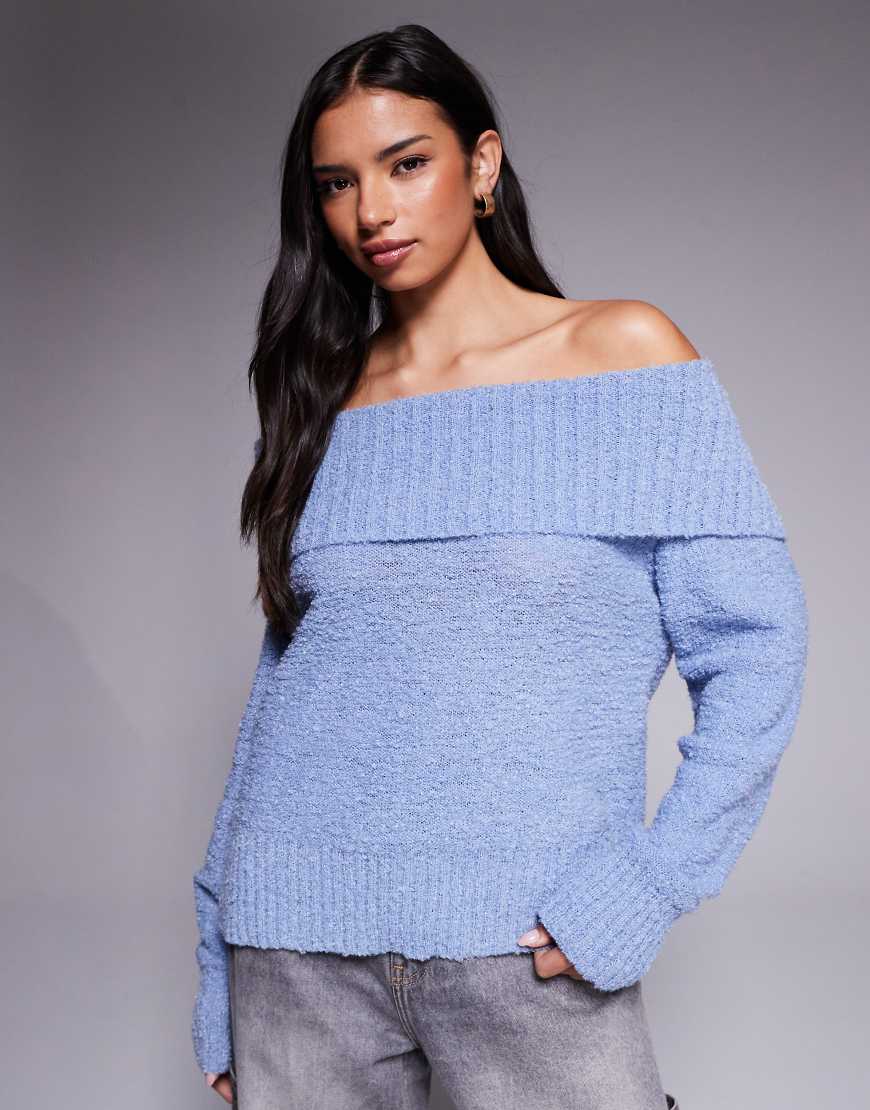 Princess Polly - Parkley - Schulterfreier Pullover aus Bouclé in Blau von Princess Polly