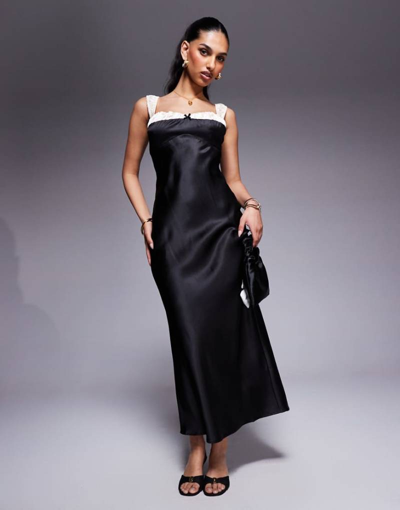 Princess Polly - Satin-Maxikleid in Schwarz mit Trägerdetails in Kontrastfarbe und Schleife vorn von Princess Polly