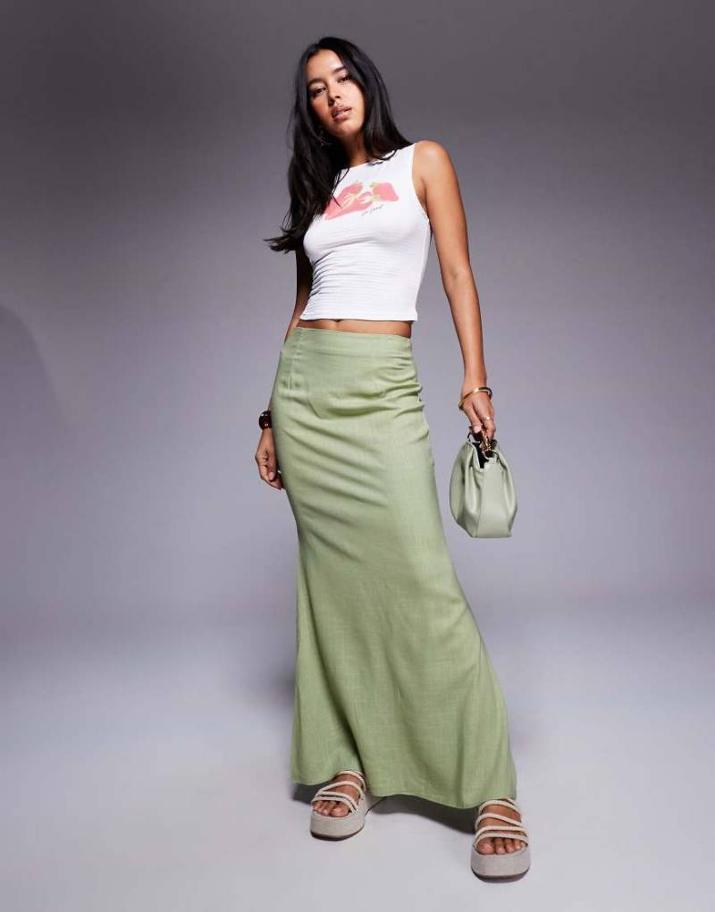 Princess Polly - Sophia - Gerade geschnittener Maxirock aus Leinenmix in Salbeigrün von Princess Polly