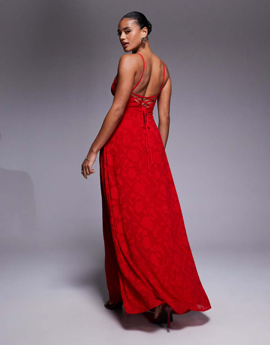 Princess Polly - South Of France - Camisole-Maxikleid aus Ausbrennersamt in Rot mit Blumenmuster und Rückenschnürung von Princess Polly