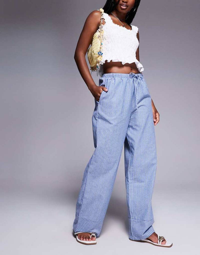 Princess Polly - Veridian - Hose aus Leinenimitat in Blau mit Streifen, Kordelzugbund und weitem Bein-Bunt von Princess Polly