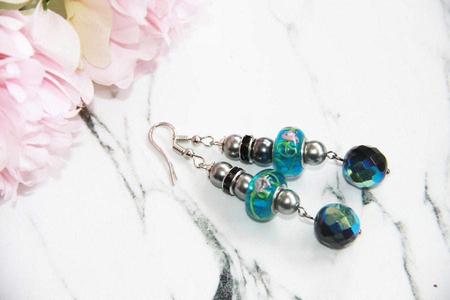 Hängend, Glas Und Swarovski Strass Kristall, Türkis Schwarz Ohrring Ohrringe Hängend, Glas Und Swarovski Strass Kristall, Türkis Schwarz Ohrring Ohrringe von PrincesseCreaBijoux