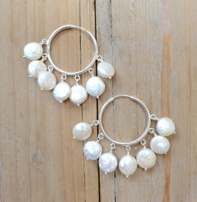 sterling Münze Perle Tropfen Fransen Creolen sterling Münze Perle Tropfen Fransen Creolen von PrincessgearJewelry